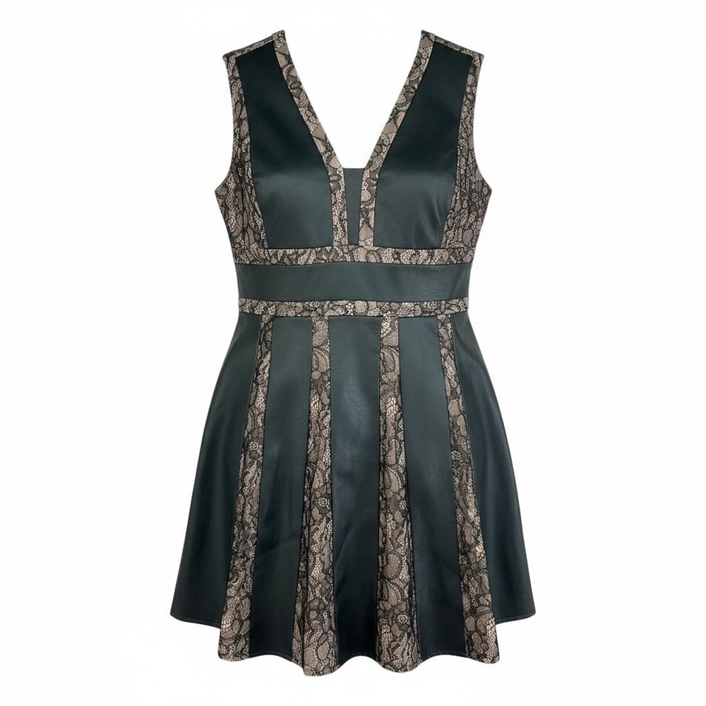 BCBG MaxAzria 10‎ Val Faux Leather Lace Dress Black A Line Short Mini Moto